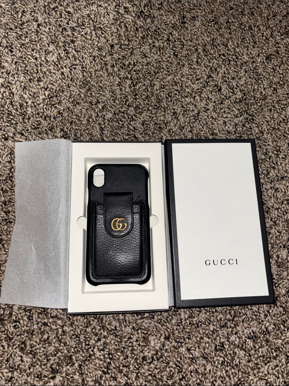 Gucci Black Leather Phone Case with Gold GG Card Pocket